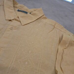 Cubavera‎ Button Up Shirt Mens XXL Yellow Linen Embroidered Guayabera  Wedding